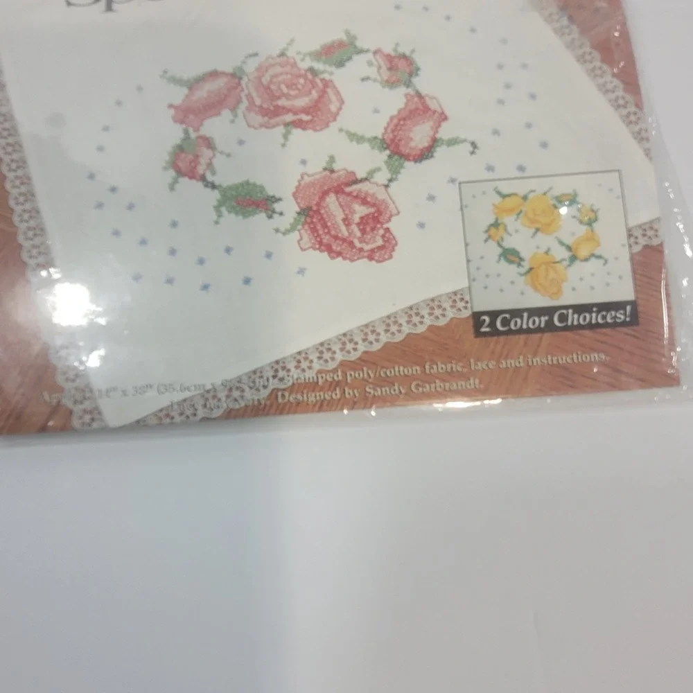 Lot of 2 Vintage Bucilla Stamped Dresser Scarfs Heart of Roses and Blue & Violet